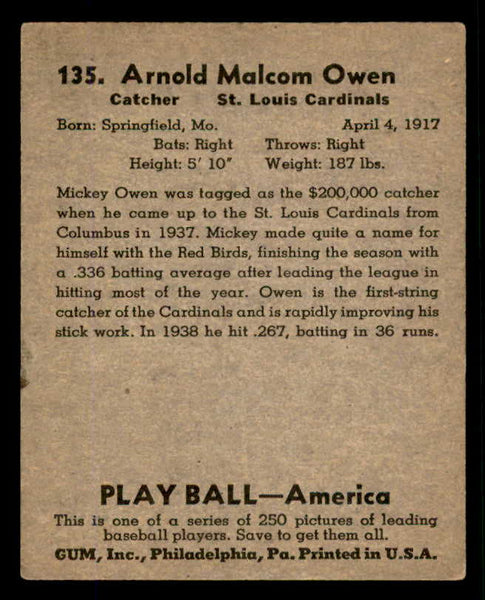 1939 Play Ball #135 Mickey Owen Cardinals EX-MT 558372