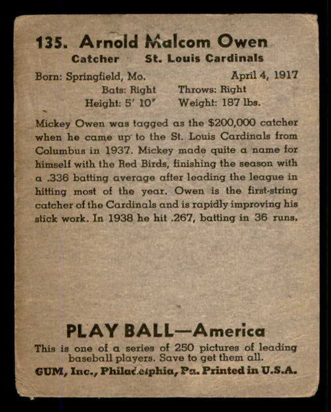 1939 Play Ball #135 Mickey Owen Cardinals Good 558373