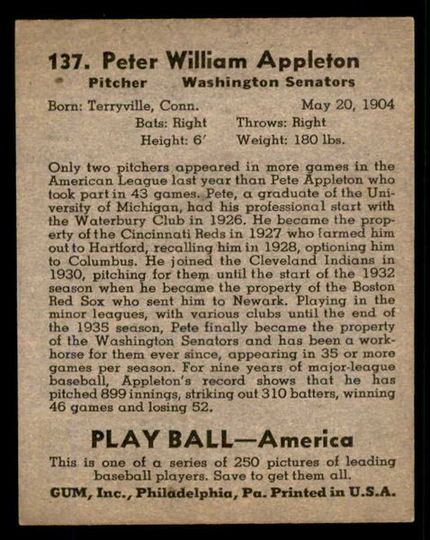 1939 Play Ball #137 Pete Appleton Senators EX-MT 558374