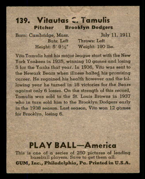 1939 Play Ball #139 Vito Tamulis Dodgers VG-EX 558375