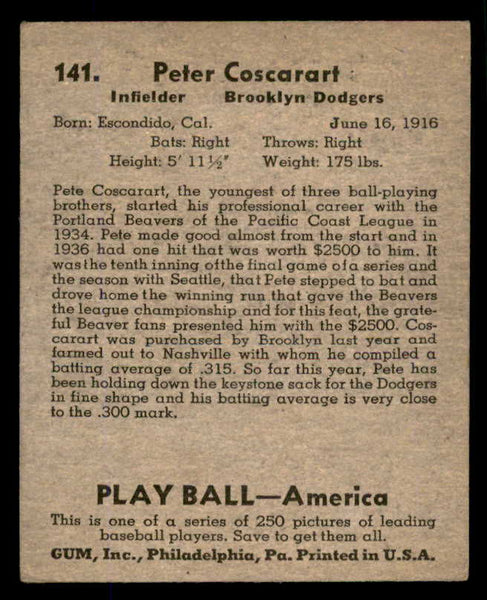 1939 Play Ball #141 Pete Coscarart Dodgers EX 558376
