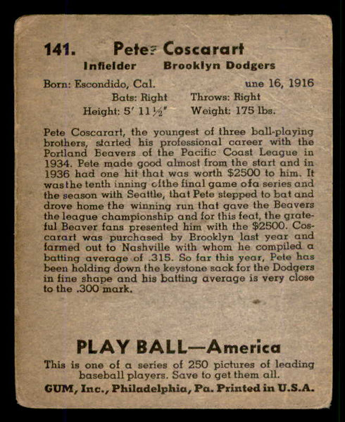 1939 Play Ball #141 Pete Coscarart Dodgers GD-VG 558377