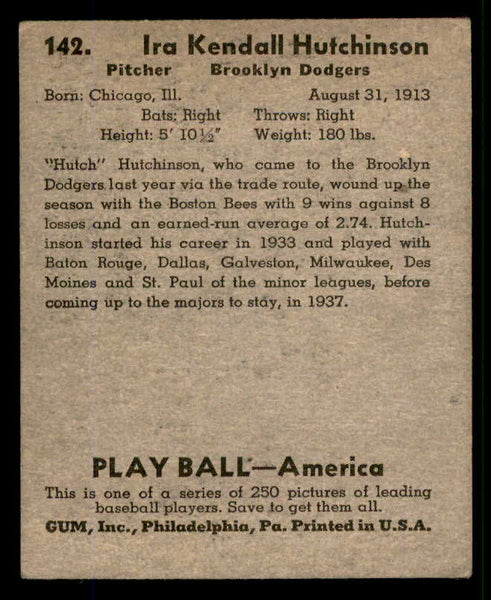 1939 Play Ball #142 Ira Hutchinson Dodgers VG-EX 558378