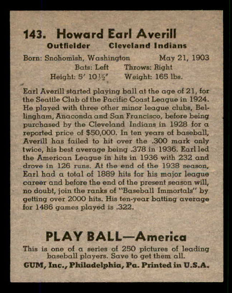 1939 Play Ball #143 Earl Averill Indians EX+/EX-MT 558379