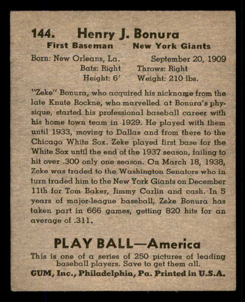 1939 Play Ball #144 Zeke Bonura Giants EX 558380