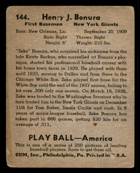 1939 Play Ball #144 Zeke Bonura Giants Good 558381