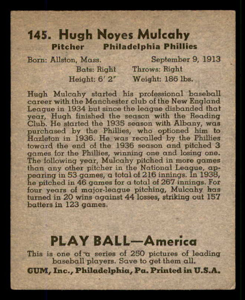1939 Play Ball #145 Hugh Mulcahy Phillies EX 558382