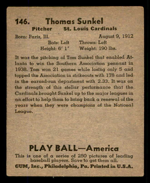 1939 Play Ball #146 Tom Sunkel Cardinals EX 558383