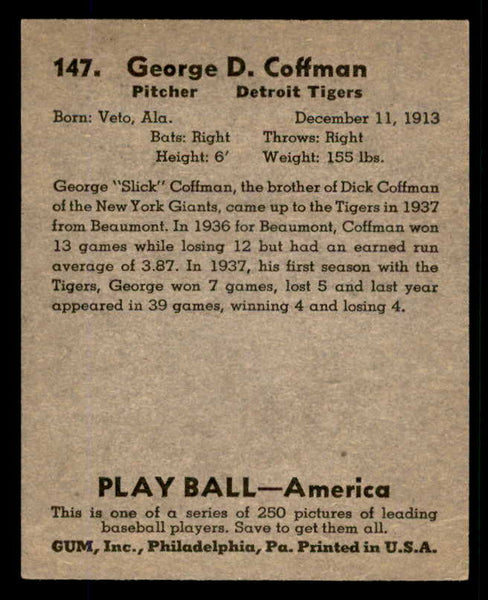 1939 Play Ball #147 George Coffman Tigers NR-MT 558384