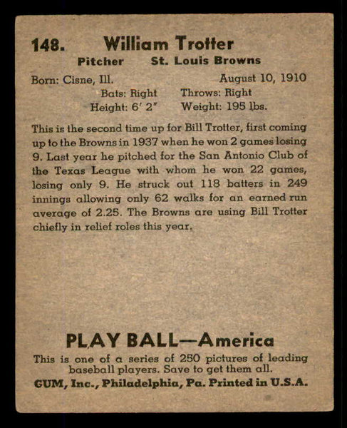 1939 Play Ball #148 Bill Trotter Browns EX 558385