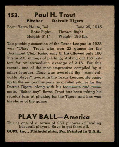 1939 Play Ball #153 Dizzy Trout Tigers EX-MT 558387