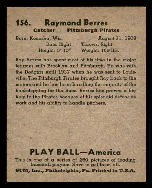 1939 Play Ball #156 Ray Berres Pirates EX-MT 558388