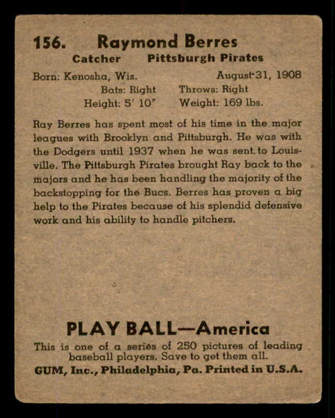 1939 Play Ball #156 Ray Berres Pirates VG-EX 558389