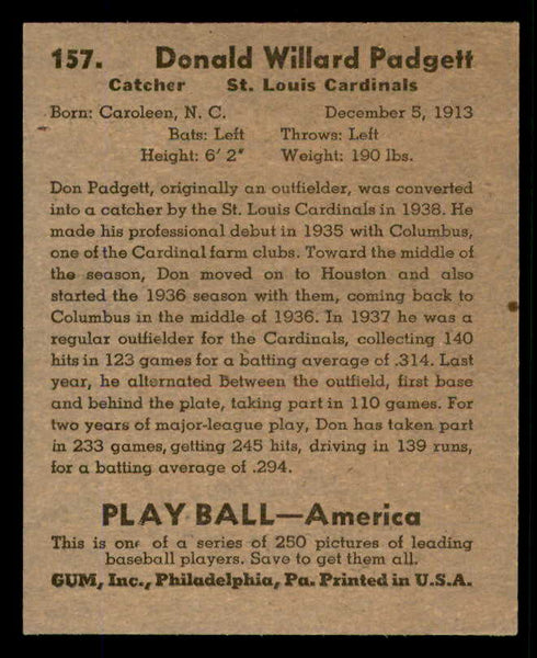1939 Play Ball #157 Don Padgett Cardinals NR-MT 558390