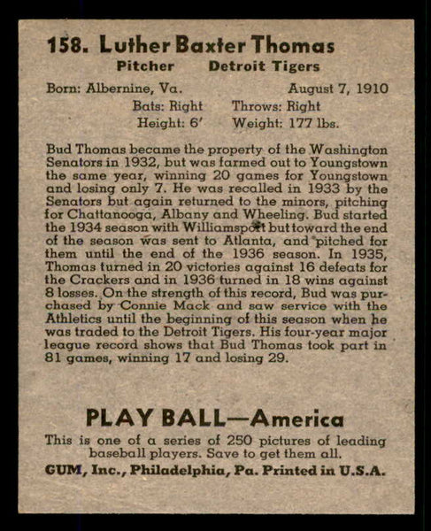 1939 Play Ball #158 Bud Thomas Tigers NR-MT 558391
