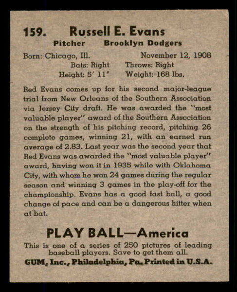 1939 Play Ball #159 Russ Evans Dodgers EX-MT 558392