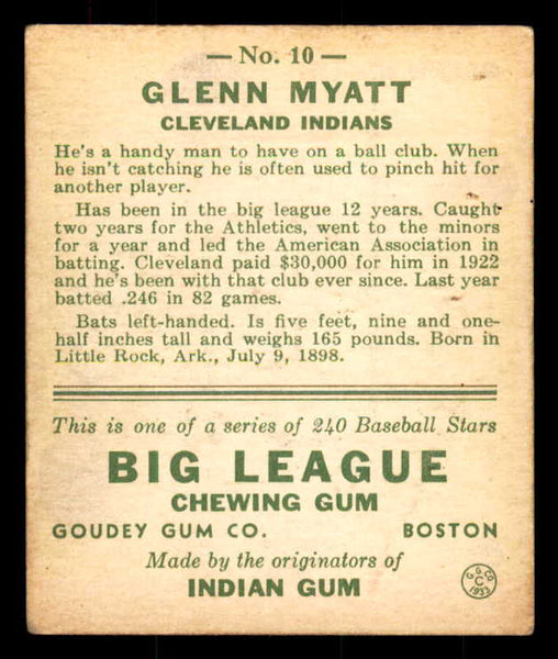 1933 Goudey #010 Glenn Myatt Indians EX 558397