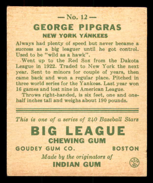 1933 Goudey #012 George Pipgras Yankees VG 558398