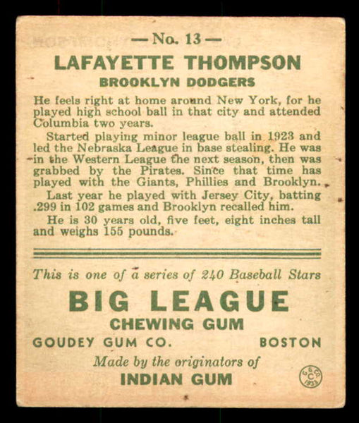 1933 Goudey #013 Lafayette Thompson Dodgers VG-EX 558399