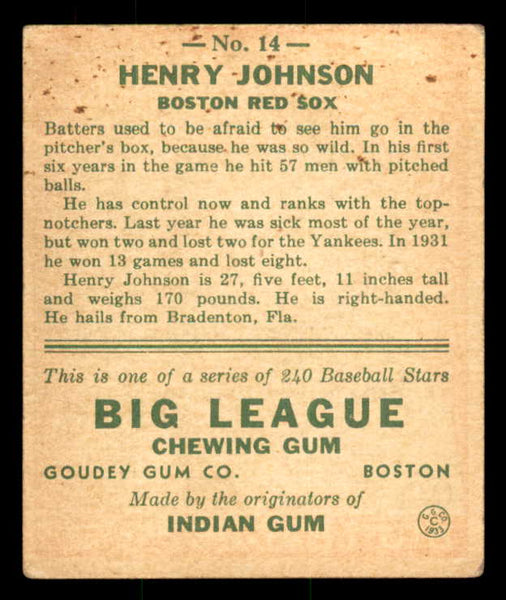 1933 Goudey #014 Hank Johnson Red Sox VG-EX 558400