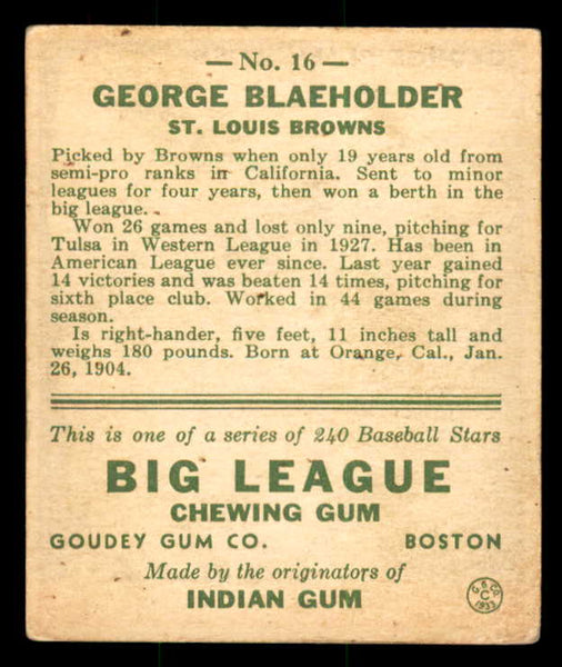 1933 Goudey #016 George Blaeholder Browns VG-EX 558401