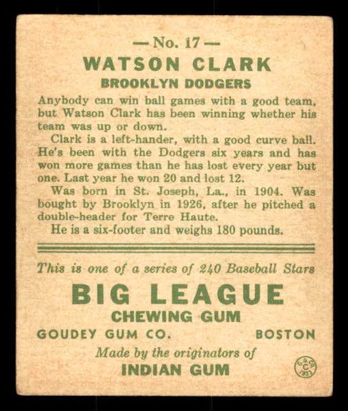 1933 Goudey #017 Watson Clark Dodgers VG-EX 558402