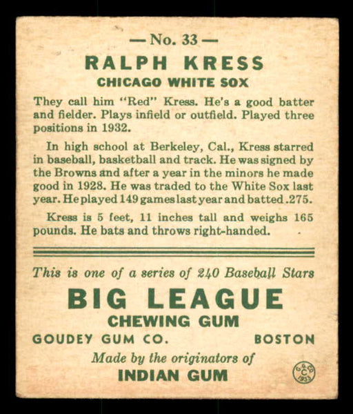 1933 Goudey #033 Ralph Kress White Sox EX 558408