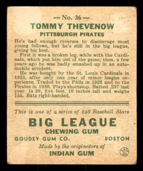 1933 Goudey #036 Tommy Thevenow Pirates VG residue back 558409