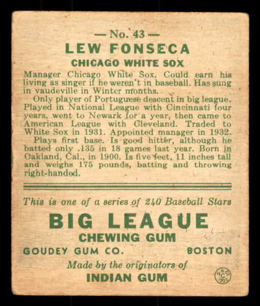 1933 Goudey #043 Lew Fonseca White Sox VG-EX 558412
