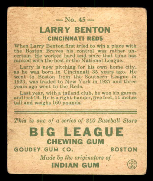 1933 Goudey #045 Larry Benton Reds Good 558413