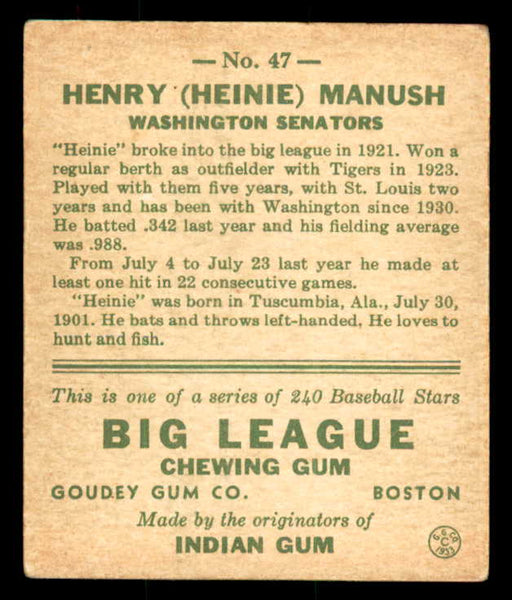 1933 Goudey #047 Heinie Manush Senators VG-EX 558414