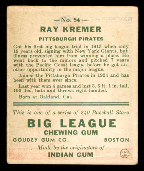 1933 Goudey #054 Ray Kremer Pirates VG-EX 558418