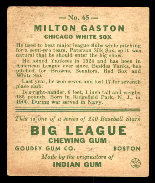 1933 Goudey #065 Milton Gaston White Sox VG-EX 558421