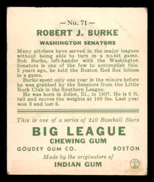 1933 Goudey #071 Bobby Burke Senators VG-EX 558426