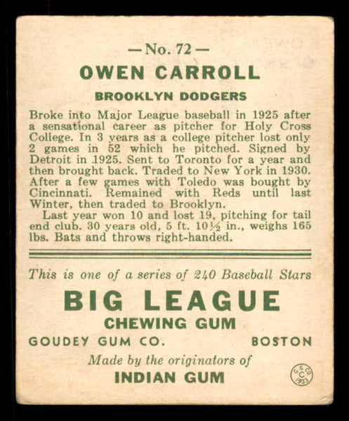 1933 Goudey #072 Owen Carroll Dodgers VG-EX 558427