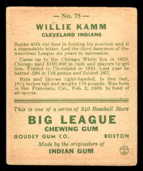 1933 Goudey #075 Willie Kamm Indians VG-EX 558428