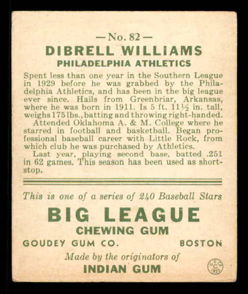 1933 Goudey #082 Dib Williams A's VG-EX 558431