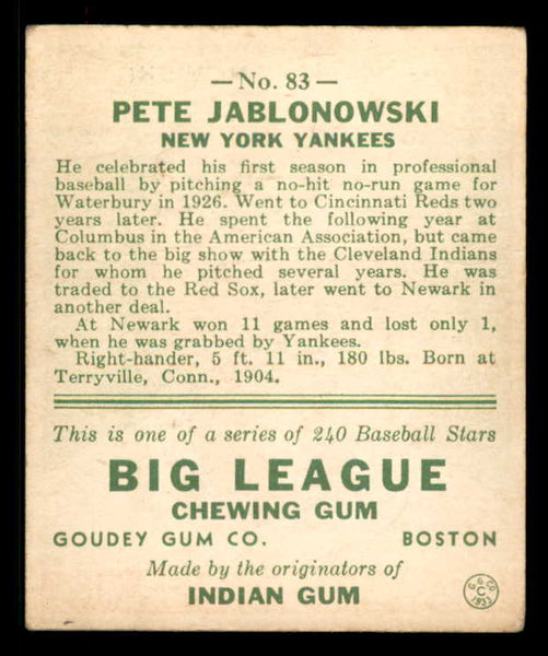 1933 Goudey #083 Pete Jablonowski Yankees VG-EX 558432