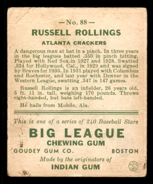 1933 Goudey #088 Russell Rollings Atlanta VG-EX 558434