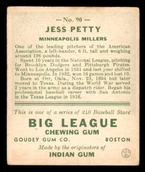 1933 Goudey #090 Jess Petty Minneapolis VG-EX 558435