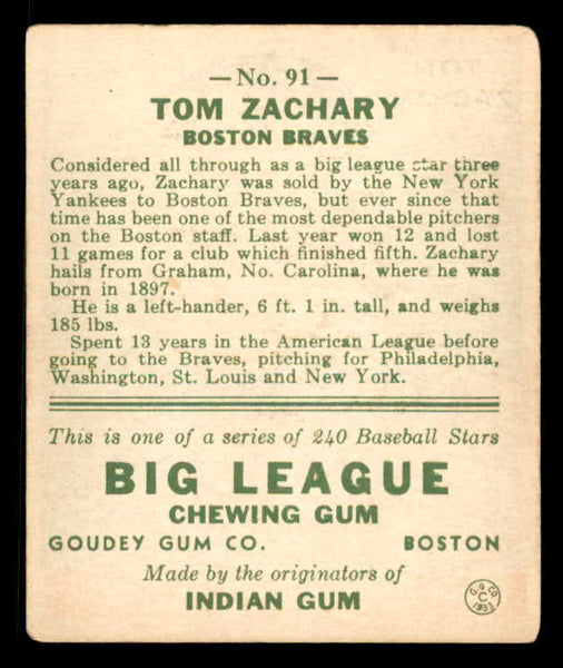1933 Goudey #091 Tom Zachary Braves VG-EX 558436