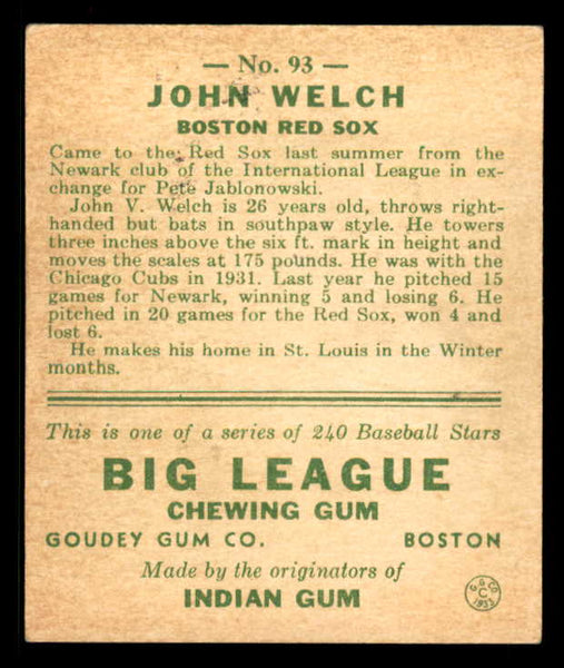 1933 Goudey #093 John Welch Red Sox EX 558437