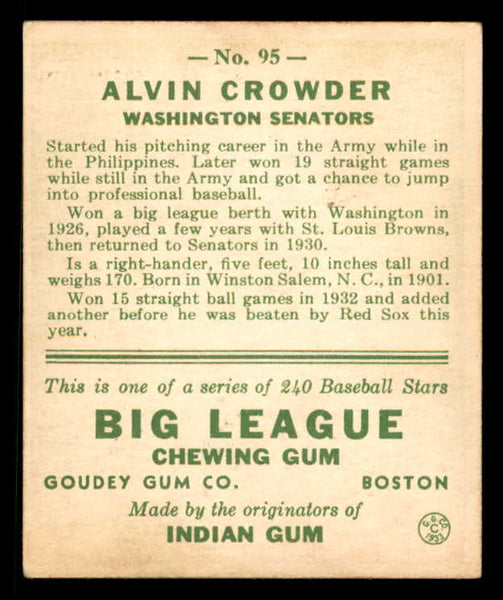 1933 Goudey #095 Alvin Crowder Senators EX 558439