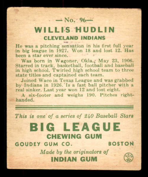 1933 Goudey #096 Willis Hudlin Indians VG-EX 558440