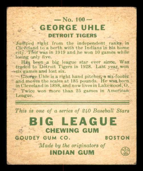 1933 Goudey #100 George Uhle Tigers VG-EX 558442