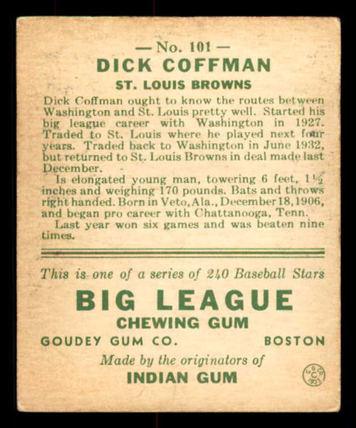 1933 Goudey #101 Richard Coffman Browns VG-EX 558443