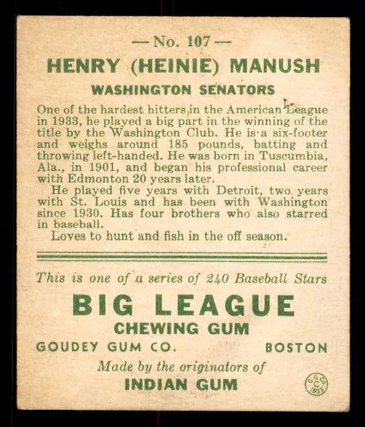 1933 Goudey #107 Heinie Manush Senators VG-EX 558444