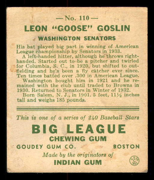 1933 Goudey #110 Goose Goslin Senators VG 558445