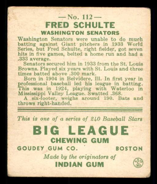 1933 Goudey #112 Fred Schulte Senators VG-EX 558446