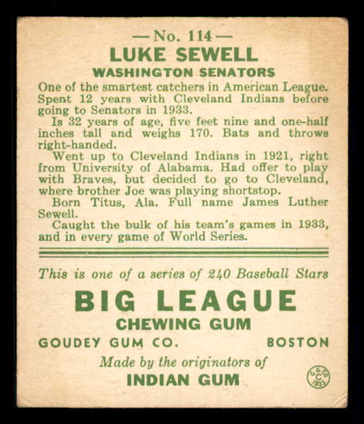 1933 Goudey #114 Luke Sewell Senators VG-EX 558447